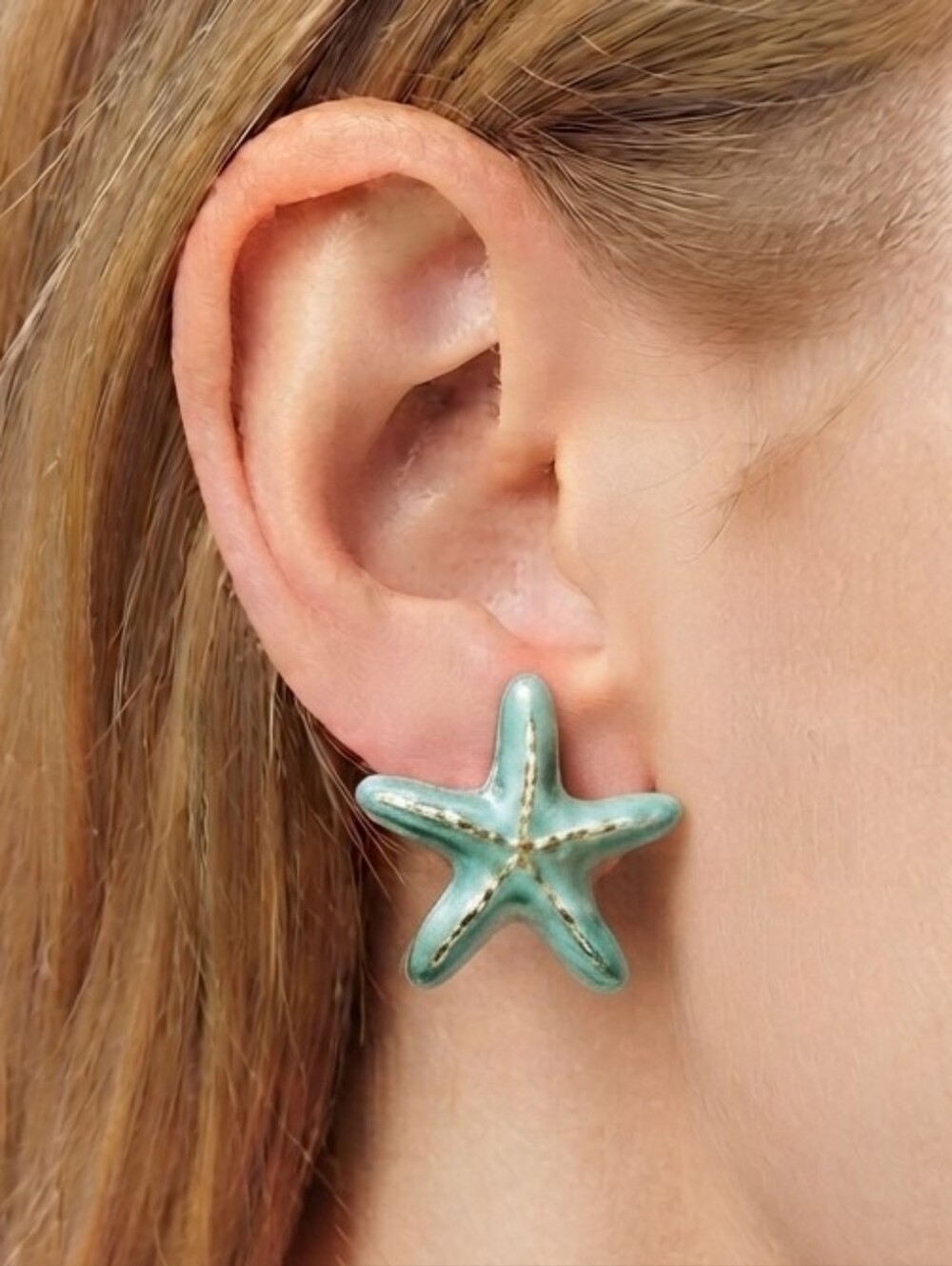 NEW Blue Golden Starfish Stud Earrings Preppy Summer Vacation Bohemian Retro 80s